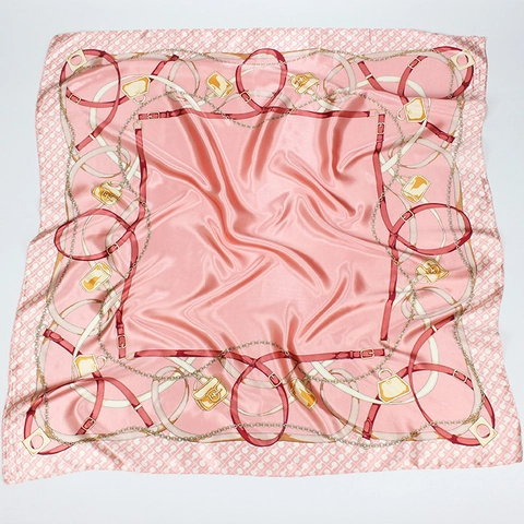 Französischer Vintage-Satin-Viereckschal für Damen, eleganter Hals- und Kopfschal mit großem Gürtel- und Kettenprint