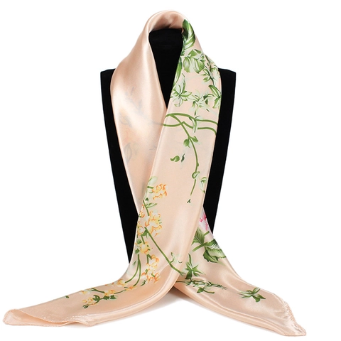 Women Fashion Floral Printed Satin Square Scarf Elegant Large Bandana Sun Protection Silky Headwrap Decorative Scarf