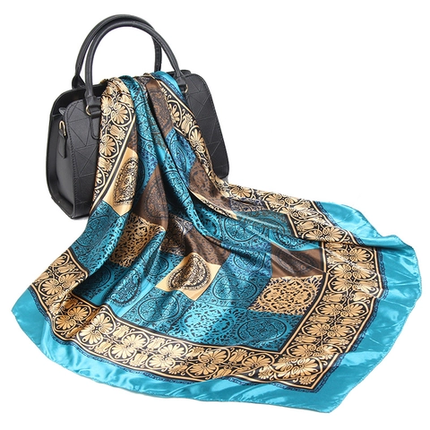 Damen Quadratischer Schal Satin Satinnimitat Retro Print Großer Hijab Kopftuch Schal Elegantes Vintage Accessoire
