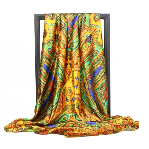 Women's Satin Square Scarf Paisley Print Hijab Large Soft Polyester Neck Scarf Headscarf Retro Ethnic Style Shawl Decorative Accessory
