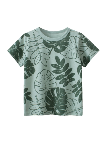 Jongens Katoenen T-Shirt Korte Mouw Ronde Hals Tropische Bladprint Zomer Casual Koreaanse Stijl Peuter Top
