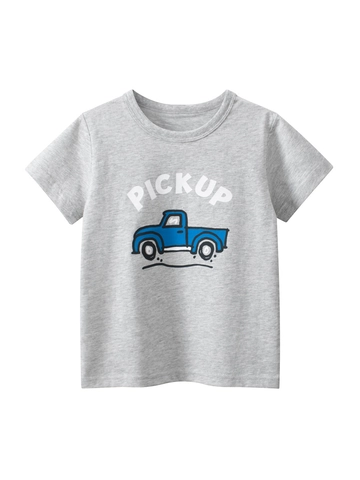 T-Shirt À Manches Courtes Pour Garçons Pur Coton Imprimé Camion De Dessin Animé Gris Col Rond Hauts D'Été Décontractés