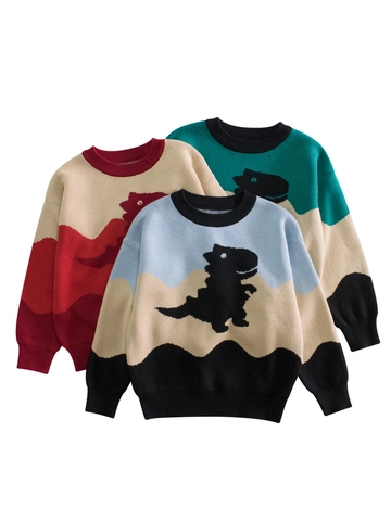 Kids Boys Knit Sweater Pullover 100% Cotton Color Block Dinosaur Pattern Long Sleeve Round Neck Casual Spring Fall Clothing