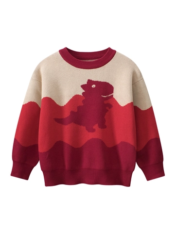 Kids Boys Knit Sweater Pullover 100% Cotton Color Block Dinosaur Pattern Long Sleeve Round Neck Casual Spring Fall Clothing