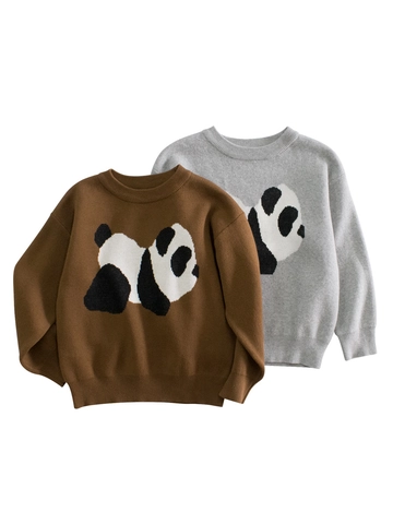 Kids Boys Cartoon Panda Knitted Sweater 100% Cotton Round Neck Long Sleeve Pullover Korean Style Spring Autumn Tops
