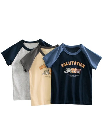 Boys Raglan T-Shirt Cotton Cartoon Bear Print Round Neck Short Sleeve Casual Summer Top