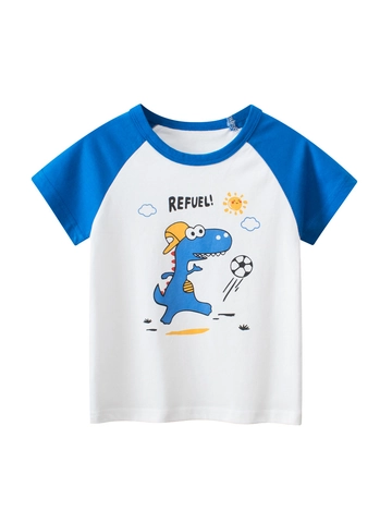 Boys Cartoon Dinosaur Soccer Raglan T-Shirt Short Sleeve 100% Cotton Contrast Color Summer Casual Top For Kids