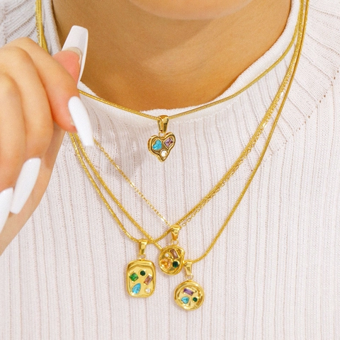 Vintage Geometric Necklace Earrings 18K Gold Plated Stainless Steel Colorful Zircon Waterproof Hypoallergenic Jewelry Women