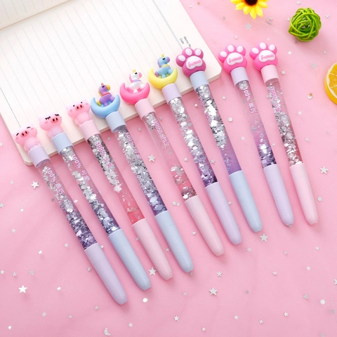Kawaii Glitzer Treibsand Leuchtende Gelstift 0.5mm Schwarze Tinte Cartoon Schwein Einhorn Katzenkralle Schreibstift Für Mädchen Schüler Schule Büro Schreibwaren