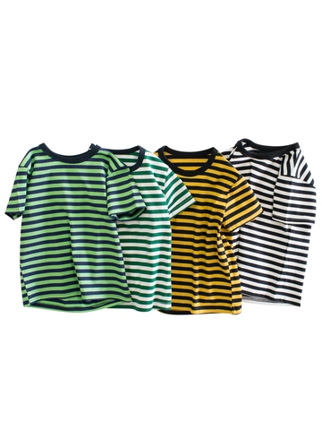 Kids Boys Short Sleeve T-Shirt Striped Crew Neck Stretch Cotton Casual Summer Top Breathable Soft