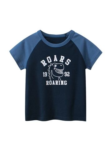 Boys Cotton Short Sleeve T-Shirt Cartoon Dinosaur Print Crew Neck Summer Casual Soft Breathable Toddler Kids Apparel