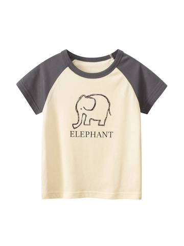 Maglietta a Maniche Corte Raglan da Ragazzo con Stampa Elefante in Cotone 100% Casual Contrasto Colore Girocollo Estate