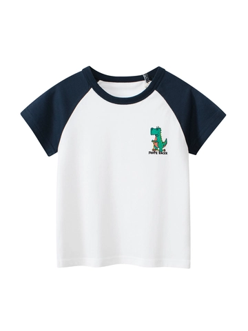 Boys 100% Cotton Short Sleeve T-Shirt Cartoon Dinosaur Raglan Sleeve Crew Neck Summer Casual Top For Kids