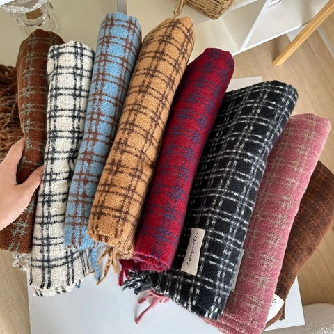Winter Plaid Scarf Thickened Warm Imitation Cashmere Long Shawl With Tassels For Women Korean Style Elegant