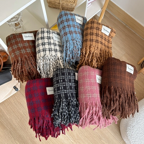 Winter Plaid Scarf Thickened Warm Imitation Cashmere Long Shawl With Tassels For Women Korean Style Elegant