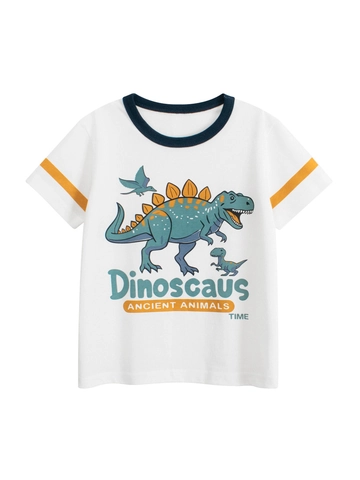 Camiseta De Niño Manga Corta Algodón Dibujos Animados Dinosaurio Impresión Color Contraste Cuello Redondo Tops De Verano