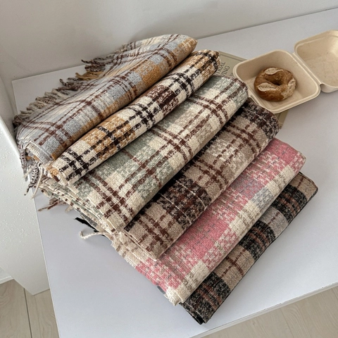Plaid Scarf Women Winter Warm Imitation Cashmere Thickened Shawl With Fringe Tassel Retro Korean Style