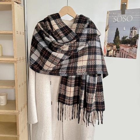 Plaid Scarf Women Winter Warm Imitation Cashmere Thickened Shawl With Fringe Tassel Retro Korean Style