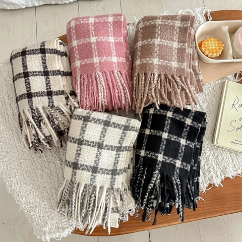 Winter Schal Karo Schal Kaschmir Imitat Verdickt Warm Quasten Strick Preppy Stil Für Damen