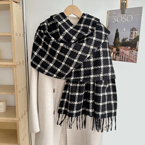 Winter Schal Karo Schal Kaschmir Imitat Verdickt Warm Quasten Strick Preppy Stil Für Damen