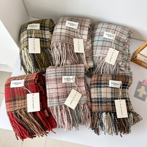 Women's Vintage Checkered Faux Cashmere Scarf With Tassels Winter Warm Plaid Shawl Soft Wrap Fashion Casual Accessories