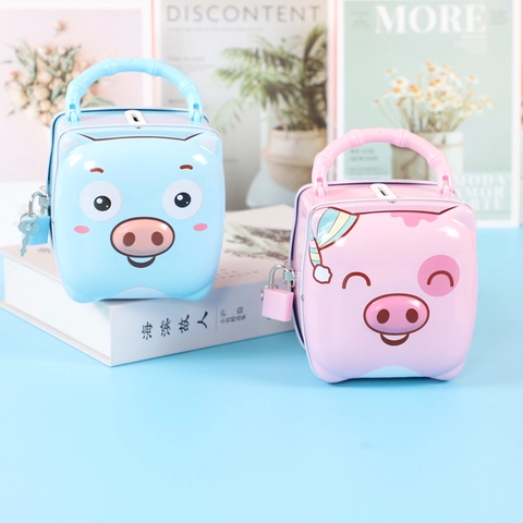 Hucha de Hojalata con Forma de Cerdo de Dibujos Animados Con Candado Y Llaves Asa Portátil Olla de Ahorro de Monedas Regalo para Niños Caja Decorativa