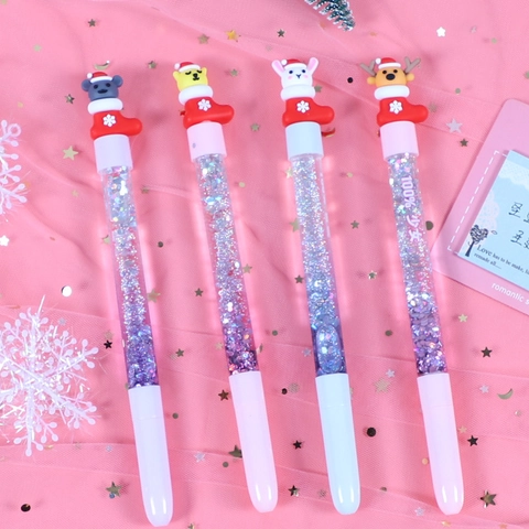 Christmas Quicksand Gel Pen Cartoon Animal In Stocking Liquid Glitter Decorative Plastic Writing Pen Student Gift Novelty