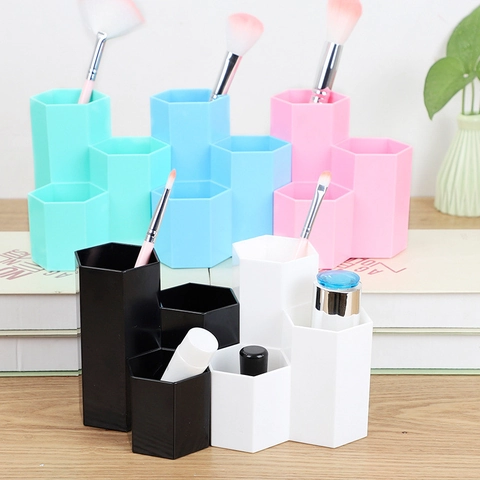 Hexagonal Pen Holder Desktop Organizer Plastic Tiered Design For Office School Vanity Makeup Brushes Minimalist Geometry