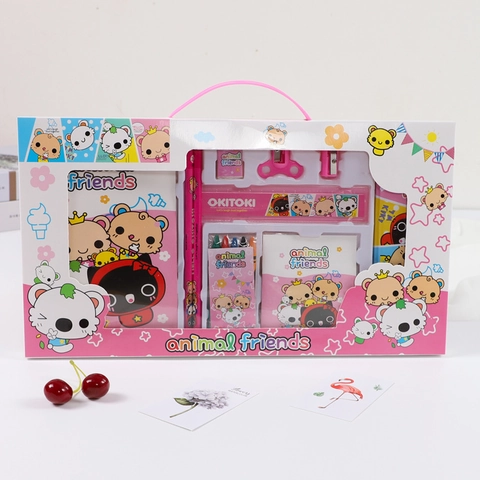 Cartoon Animal Stationery Kit For Kids Students Including Pencils Notebook Ruler Eraser Sharpener And Crayons Gift