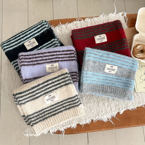 Winter Gestreifter Strickschal Wollmischung Warm Verdickt Weich Bunt Retro Halstuch Für Damen Draußen