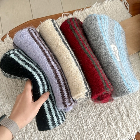 Winter Gestreifter Strickschal Wollmischung Warm Verdickt Weich Bunt Retro Halstuch Für Damen Draußen