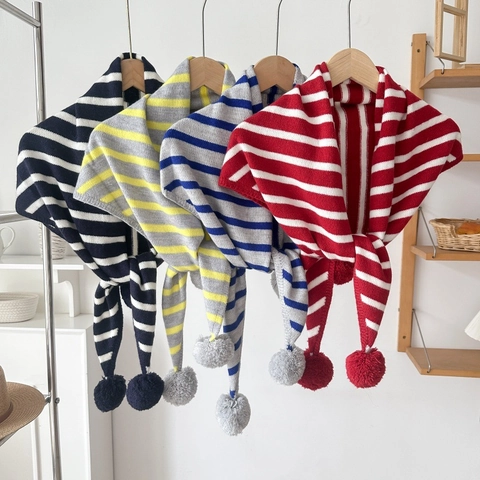 Sciarpa Triangolare In Maglia A Righe Da Donna Scialle Invernale Caldo Con Pom Pon Accessorio Di Moda In Poliestere