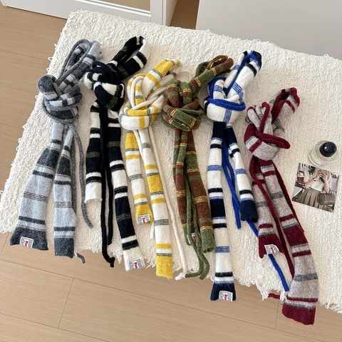 Sciarpa In Maglia A Righe Misto Lana Calda Avvolgente Per Il Collo Stretta Stile Coreano Accessorio Di Moda Versatile Per Donna