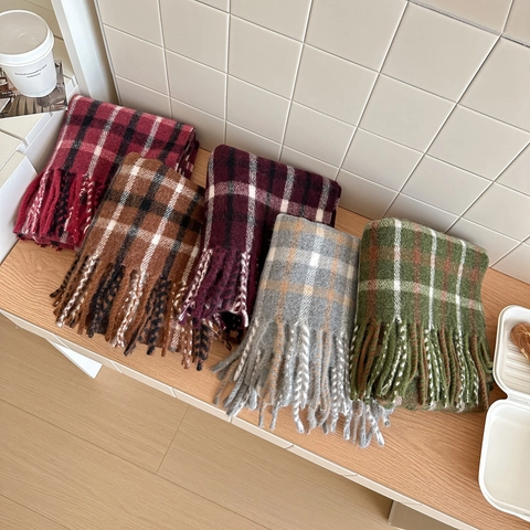 Damen Dicker Wollschal Kariert Mode Britischer Stil Winter Warm Kariertes Schultertuch Mit Quasten Weiches Elegantes Tuch