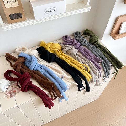 Women Solid Color Knitted Wool Blend Slim Scarf French Baguette Style Fashion Soft Long Warm Neck Warmer Winter Accessory
