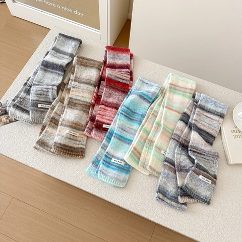 Sciarpa In Maglia Misto Lana Sfumata A Righe Arcobaleno Morbida Invernale Calda Scaldacollo Stretto Per Donna Stile Coreano