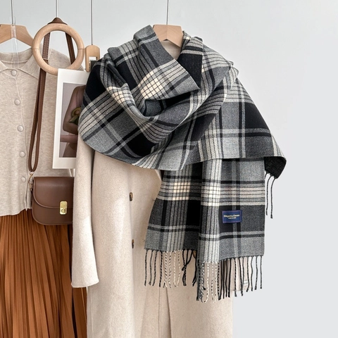 Sciarpa A Quadri Donna Imitazione Cashmere Morbida Calda Invernale Scialle Con Lunghe Nappe Accessorio Moda Classico