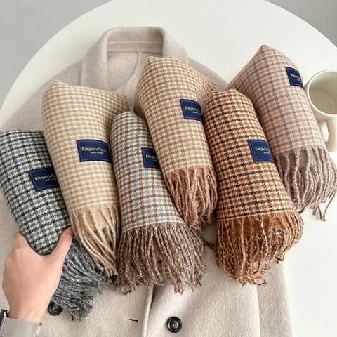 Houndstooth Sjaal Faux Kasjmier Lange Sjaal Vintage Color Block Kwastje Warm Zacht Wikkeldoek Voor Dames Elegant Casual