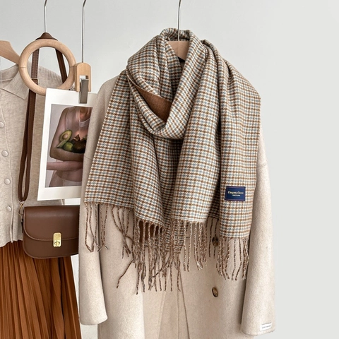 Houndstooth Sjaal Faux Kasjmier Lange Sjaal Vintage Color Block Kwastje Warm Zacht Wikkeldoek Voor Dames Elegant Casual
