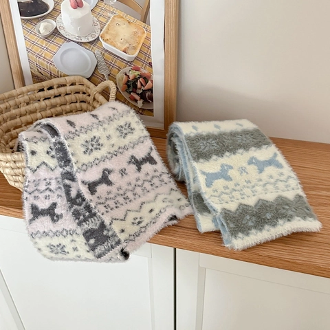 Vintage Fair Isle Gebreide Sjaal Dames Winter Warm Dubbelzijdig Jacquard Schattige Hond Kat Patroon Zacht Warm Nekwarmer