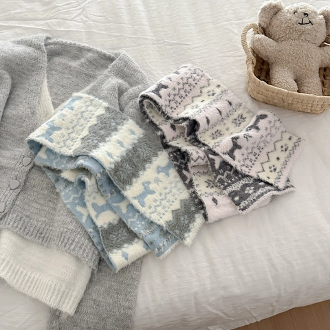 Écharpe Tricotée Vintage Fair Isle Femme Hiver Chaud Jacquard Double Face Mignon Chien Chat Motif Doux Cache-Cou