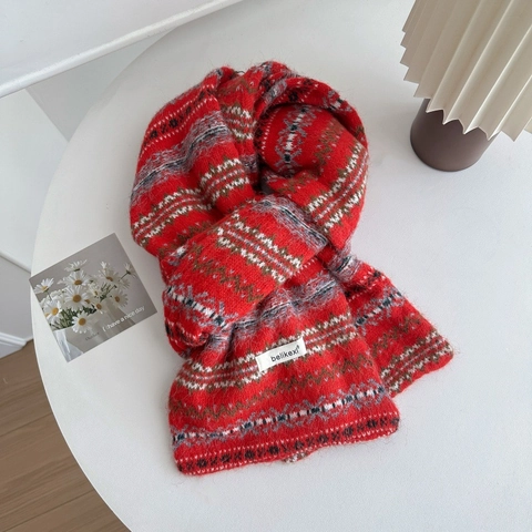Écharpe Tricotée en Mélange de Laine Fair Isle pour Femmes Écharpe Longue Épaisse en Jacquard Géométrique Rétro Cadeau de Noël