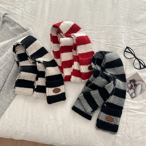 Bufanda De Punto A Rayas Mezcla De Lana De Invierno Con Bolsillos Color Contrastante Calentador De Cuello Retro Para Mujer