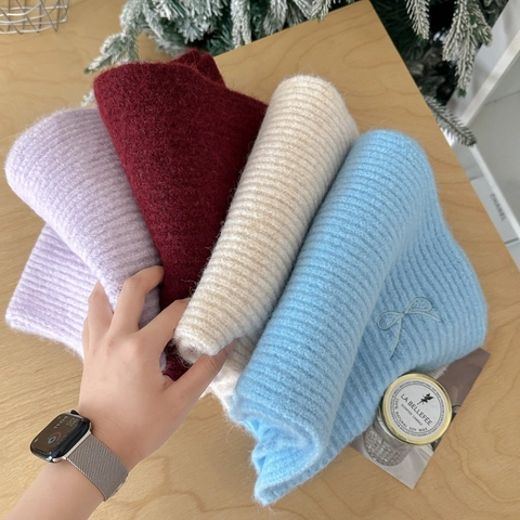 Winter Scarf Wool Blend Rib-Knit Bow Embroidery Solid Color Warm Soft Korean Style For Women
