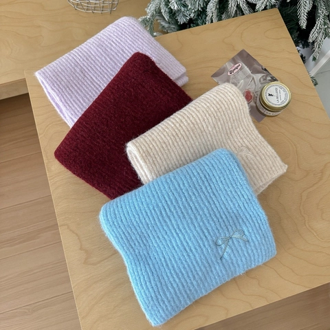 Winter Scarf Wool Blend Rib-Knit Bow Embroidery Solid Color Warm Soft Korean Style For Women