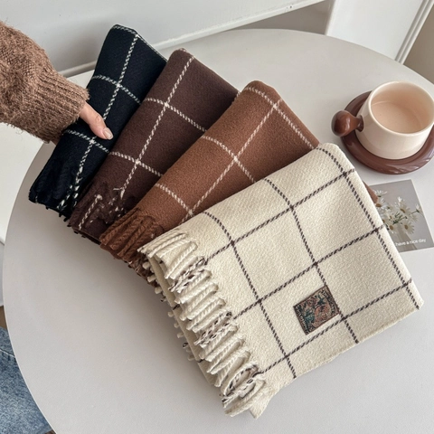 Winter Damen Kaschmir-Imitat Karo-Schal Dick Warm Weich Wollgarn Karierter Schal Mit Quasten Koreanische Mode Retro Halswickel
