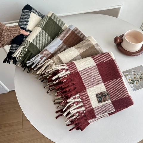 Winter Damen Kaschmir-Imitat Karo-Schal Dick Warm Weich Wollgarn Karierter Schal Mit Quasten Koreanische Mode Retro Halswickel