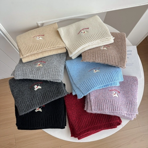 Winter Warm Knit Hat And Scarf For Men Women Ribbed Beanie Puppy Embroidered Scarf Casual Outdoor Thermal Accessories