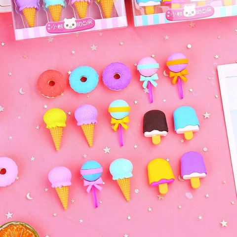 Gommes En Forme De Dessert Pour Enfants Détachable 3D Créatif Beignet Crème Glacée Sucette Fournitures Scolaires Étudiants