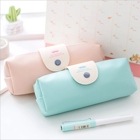 Fresh Mustache Pattern Large Capacity PU Leather Pencil Case Minimalist Stationery Storage Bag With Zipper Snap Button For Students Office School
